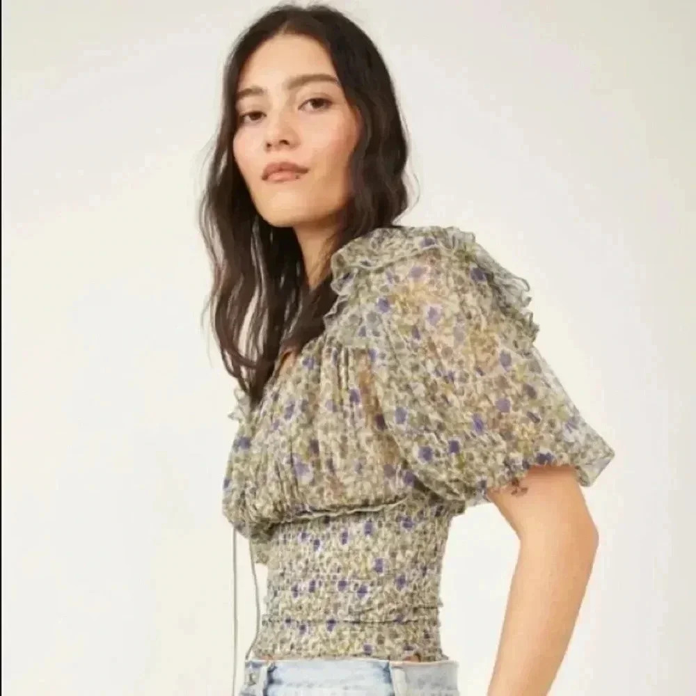 Free People Mint Combo Puff Sleeve